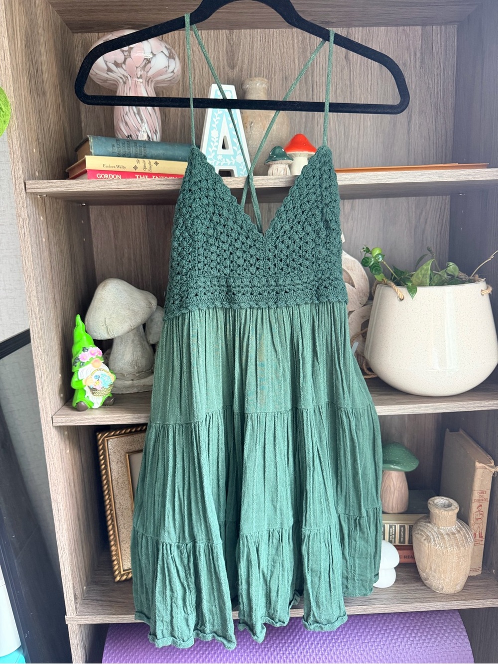 aerie Green Crochet-Bodice Tiered Mini Dress
